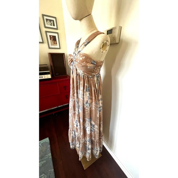 PURPOSE + PASSION Boutique Beige Floral Bandeau Halter Ruffled Maxi Dress Sz S - Picture 4 of 15